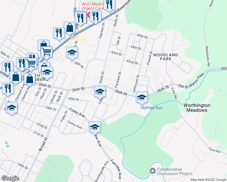 map of restaurants, bars, coffee shops, grocery stores, and more near 2304 36th Street in Parkersburg