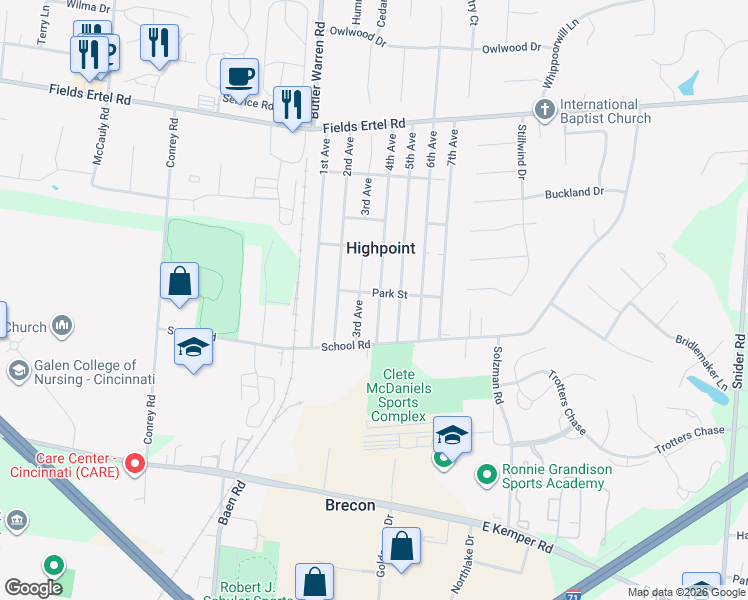 map of restaurants, bars, coffee shops, grocery stores, and more near 11956 3rd Avenue in Cincinnati