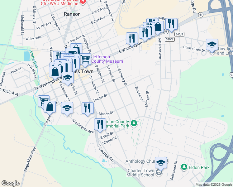 map of restaurants, bars, coffee shops, grocery stores, and more near 502 South Church Street in Charles Town