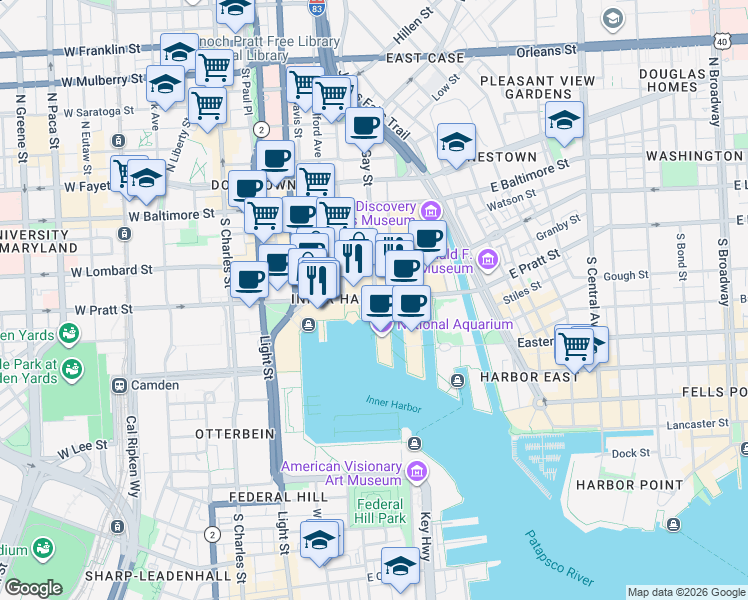 map of restaurants, bars, coffee shops, grocery stores, and more near Gwynns Falls Trail in Baltimore