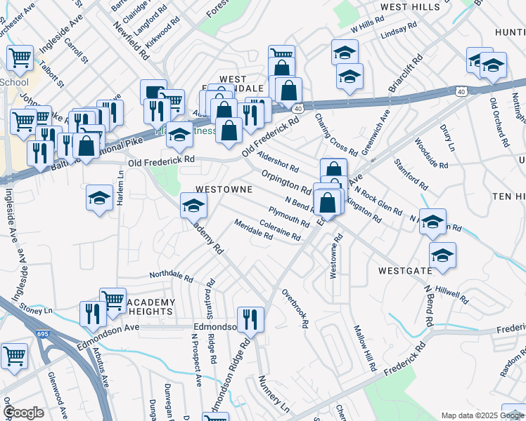 map of restaurants, bars, coffee shops, grocery stores, and more near 624 Plymouth Road in Baltimore