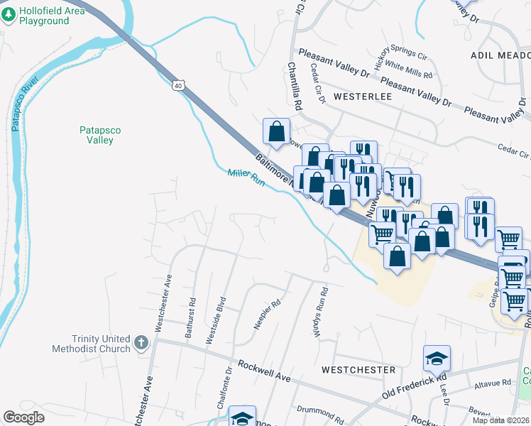 map of restaurants, bars, coffee shops, grocery stores, and more near 2400 Quilting Bee Road in Catonsville