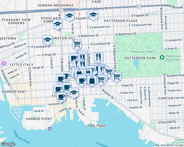 map of restaurants, bars, coffee shops, grocery stores, and more near 2009 Bank Street in Baltimore