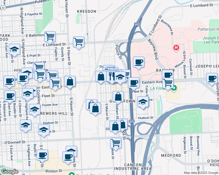 map of restaurants, bars, coffee shops, grocery stores, and more near 504 South Newkirk Street in Baltimore