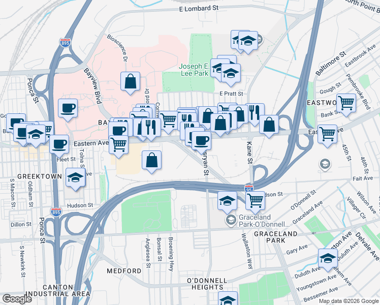 map of restaurants, bars, coffee shops, grocery stores, and more near Folcroft Street in Baltimore