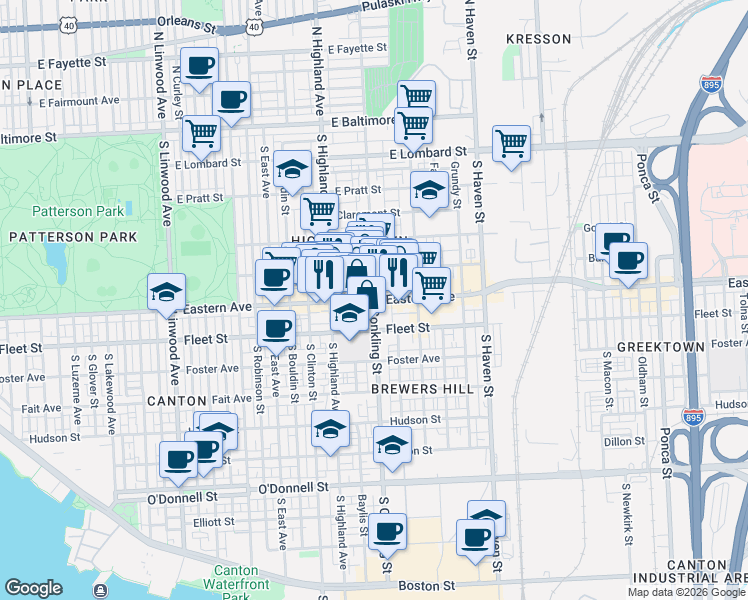 map of restaurants, bars, coffee shops, grocery stores, and more near Eastern Avenue in Baltimore