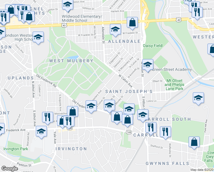 map of restaurants, bars, coffee shops, grocery stores, and more near 7 North Monastery Avenue in Baltimore
