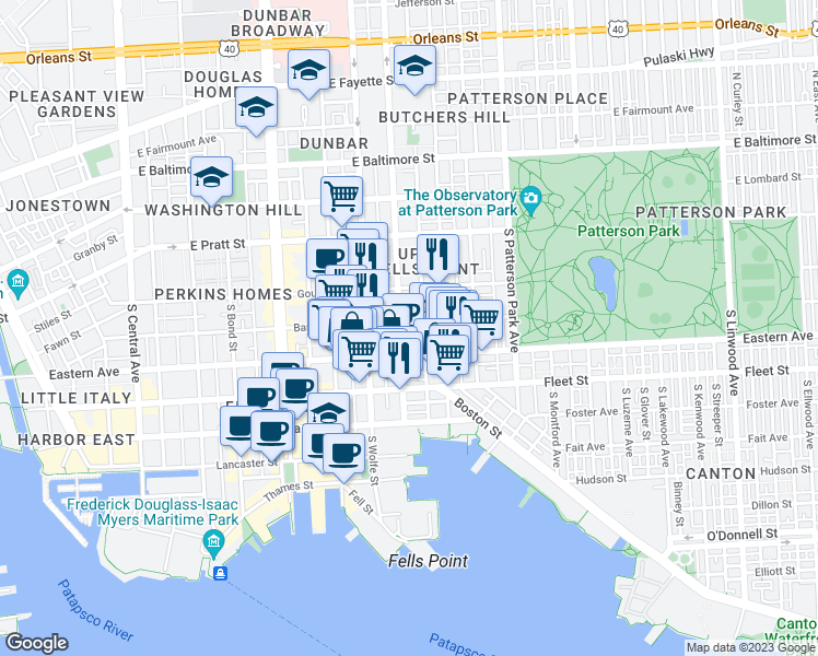 map of restaurants, bars, coffee shops, grocery stores, and more near 2009 Bank Street in Baltimore
