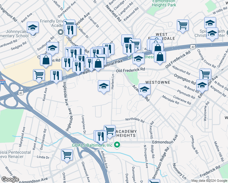 map of restaurants, bars, coffee shops, grocery stores, and more near 407 Harlem Lane in Catonsville