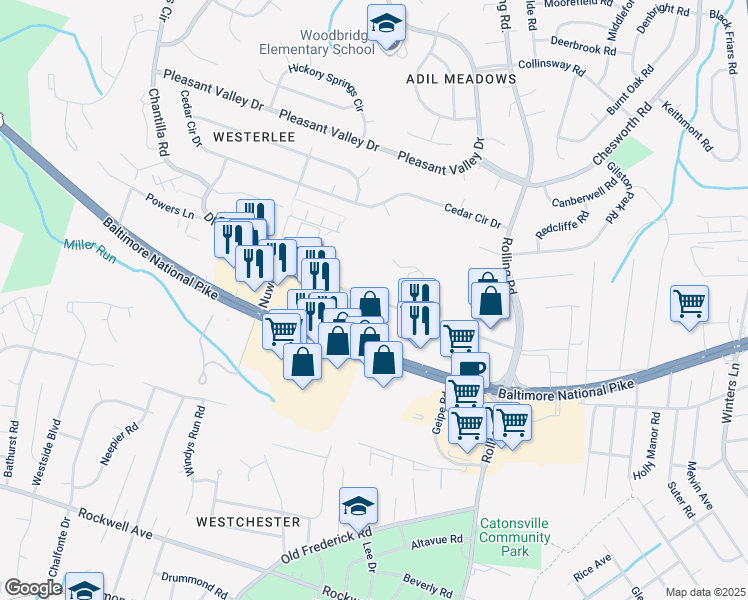 map of restaurants, bars, coffee shops, grocery stores, and more near 2015 Powers Lane in Catonsville