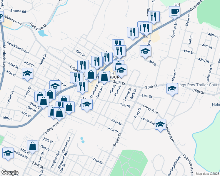 map of restaurants, bars, coffee shops, grocery stores, and more near 3507 Elm Street in Parkersburg