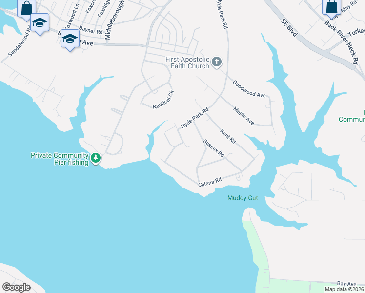 map of restaurants, bars, coffee shops, grocery stores, and more near 1416 Waterford Road in Essex