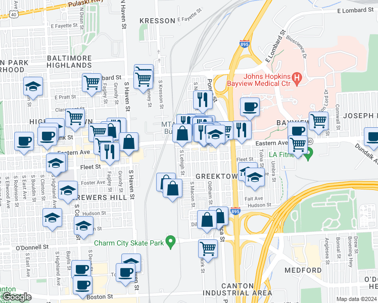 map of restaurants, bars, coffee shops, grocery stores, and more near 500 South Macon Street in Baltimore