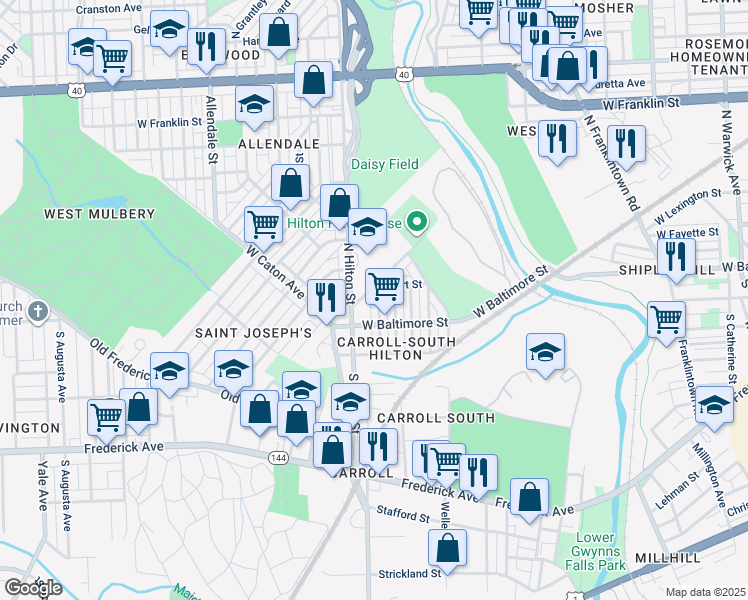map of restaurants, bars, coffee shops, grocery stores, and more near 36 North Abington Avenue in Baltimore