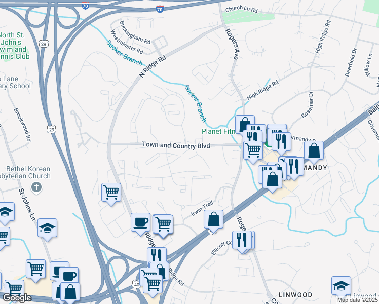 map of restaurants, bars, coffee shops, grocery stores, and more near 8777 Town and Country Boulevard in Ellicott City