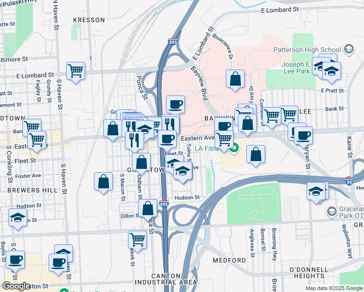 map of restaurants, bars, coffee shops, grocery stores, and more near 507 Savage Street in Baltimore