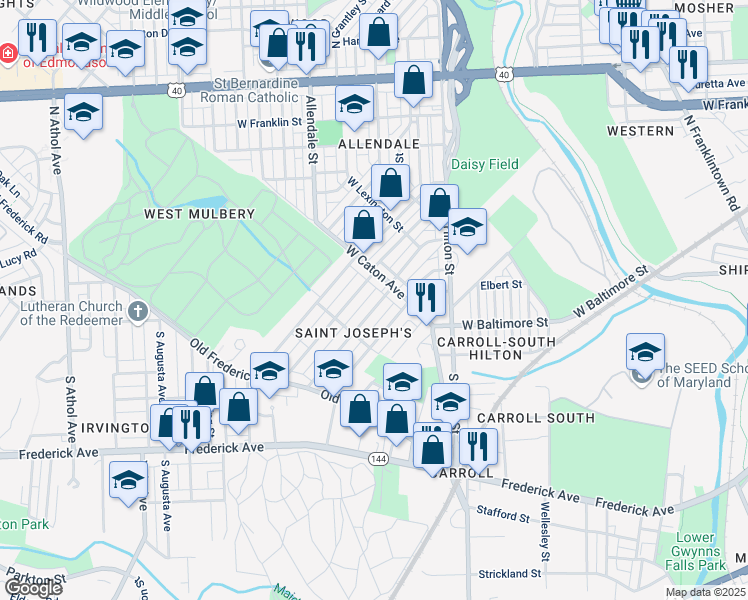 map of restaurants, bars, coffee shops, grocery stores, and more near 28 South Kossuth Street in Baltimore