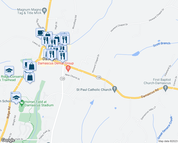 map of restaurants, bars, coffee shops, grocery stores, and more near 9507 Main Street in Damascus