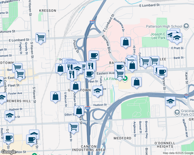 map of restaurants, bars, coffee shops, grocery stores, and more near 507 Savage Street in Baltimore