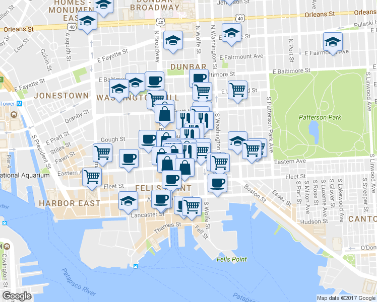 map of restaurants, bars, coffee shops, grocery stores, and more near Bank St & S Ann St in Baltimore