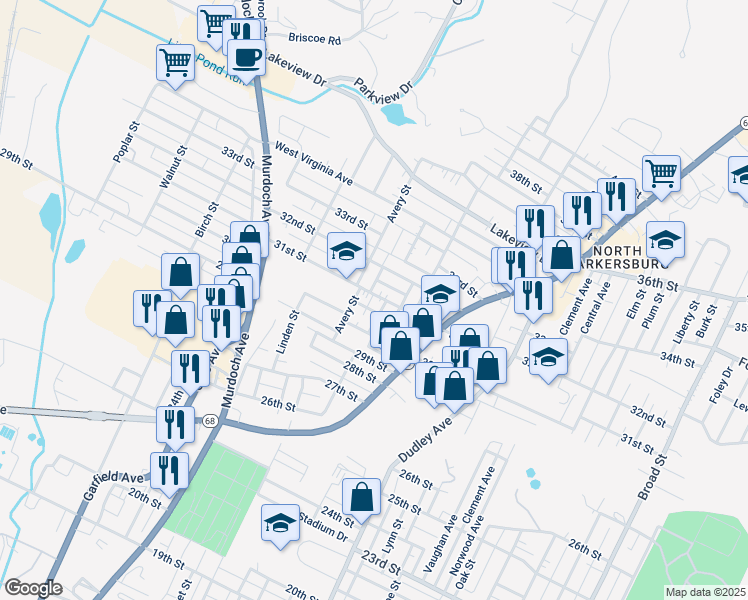 map of restaurants, bars, coffee shops, grocery stores, and more near 1006 31st Street in Parkersburg
