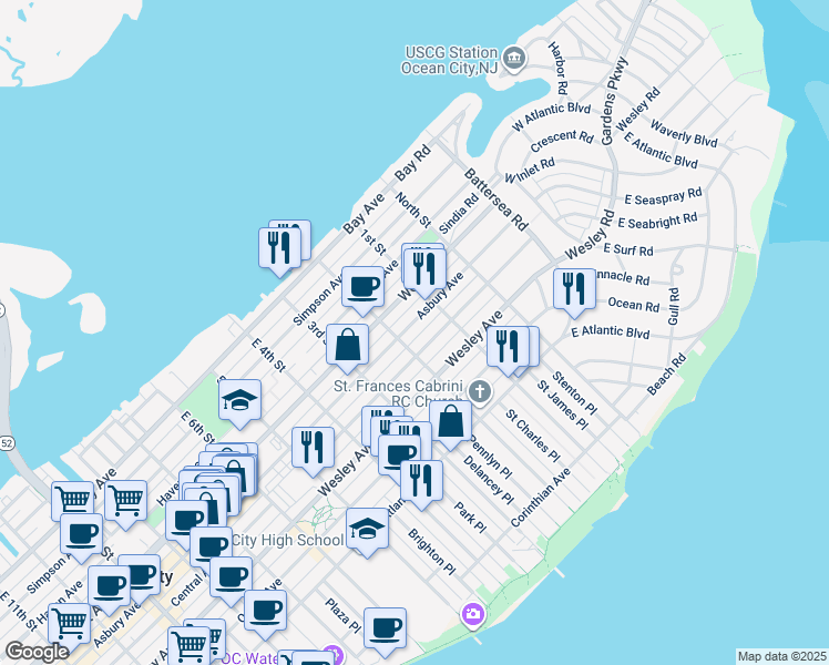 map of restaurants, bars, coffee shops, grocery stores, and more near in Ocean City
