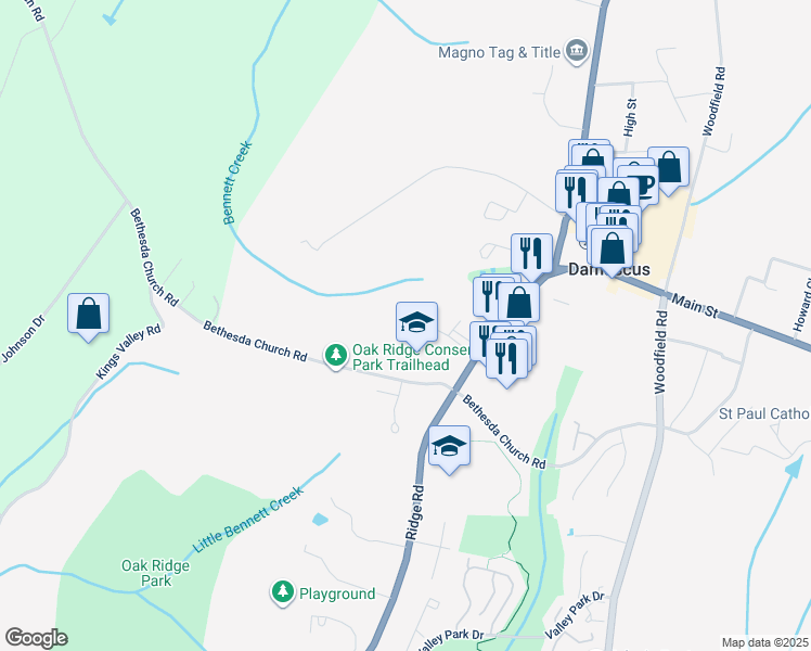map of restaurants, bars, coffee shops, grocery stores, and more near 10180 Kings Grove Way in Damascus