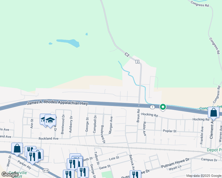 map of restaurants, bars, coffee shops, grocery stores, and more near 1608 Hill Street in Belpre