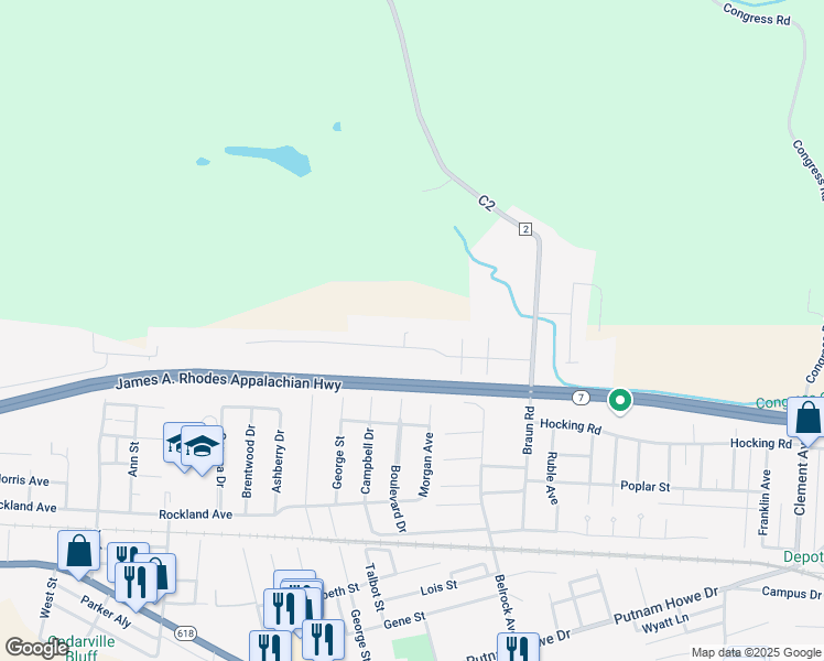 map of restaurants, bars, coffee shops, grocery stores, and more near 1608 Hill Street in Belpre