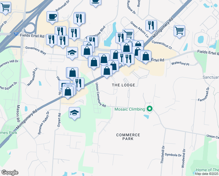 map of restaurants, bars, coffee shops, grocery stores, and more near 12050 Montgomery Road in Cincinnati