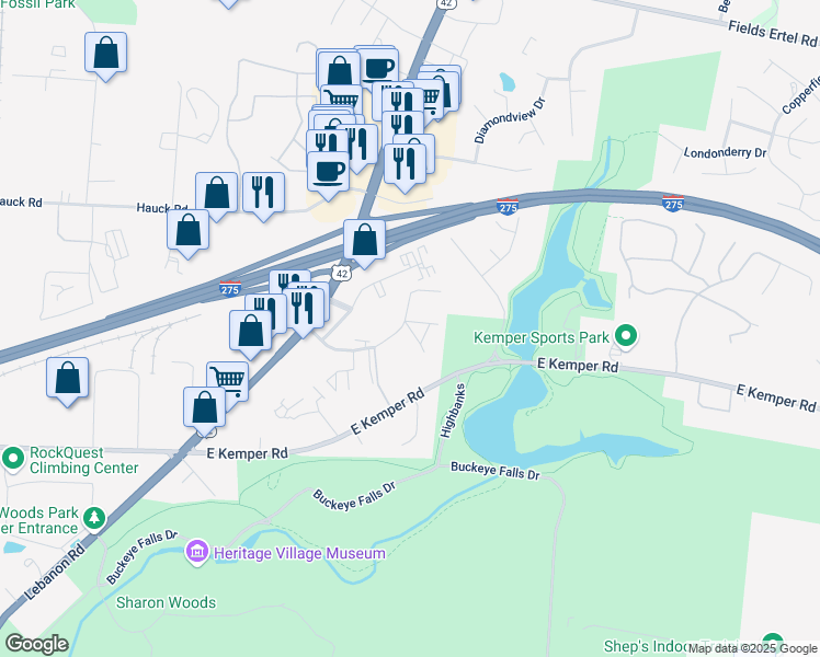 map of restaurants, bars, coffee shops, grocery stores, and more near 4081 Sharon Park Lane in Sharonville
