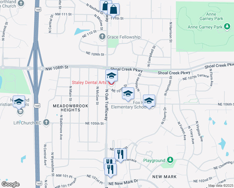 map of restaurants, bars, coffee shops, grocery stores, and more near 509 Northeast 107th Street in Kansas City