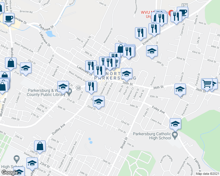 map of restaurants, bars, coffee shops, grocery stores, and more near 3492 Central Avenue in Parkersburg