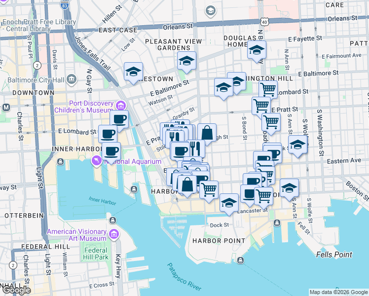 map of restaurants, bars, coffee shops, grocery stores, and more near S Exeter St & Fawn St in Baltimore