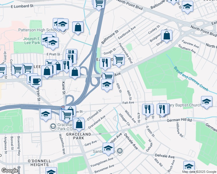 map of restaurants, bars, coffee shops, grocery stores, and more near 6801 Eastern Avenue in Baltimore