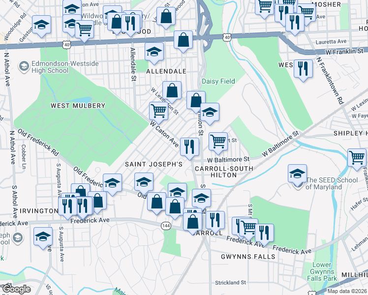 map of restaurants, bars, coffee shops, grocery stores, and more near 3428 West Caton Avenue in Baltimore