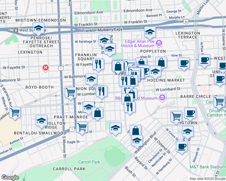 map of restaurants, bars, coffee shops, grocery stores, and more near 1400 West Lombard Street in Baltimore
