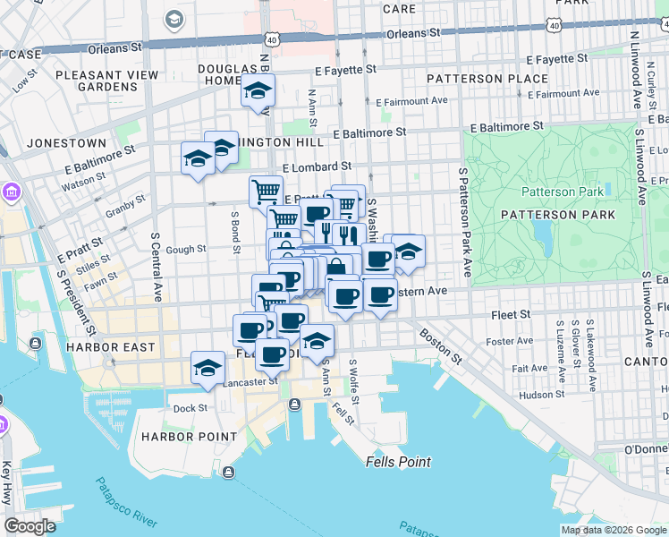 map of restaurants, bars, coffee shops, grocery stores, and more near Bank Street & South Durham Street in Baltimore