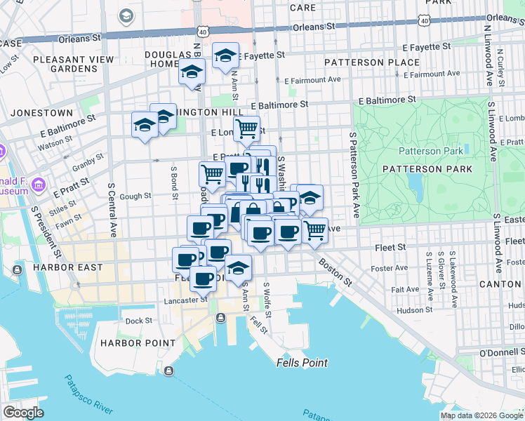 map of restaurants, bars, coffee shops, grocery stores, and more near South Wolfe Street & Bank Street in Baltimore