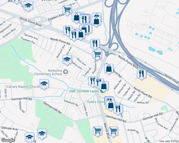 map of restaurants, bars, coffee shops, grocery stores, and more near 7521 Lange Street in Baltimore