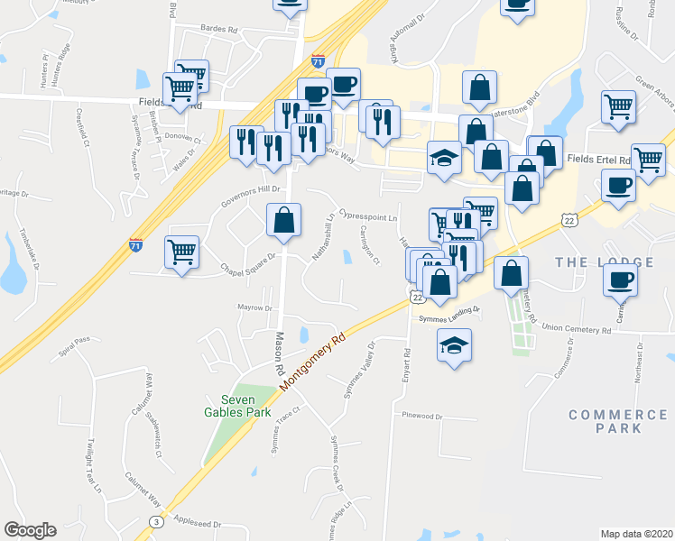 map of restaurants, bars, coffee shops, grocery stores, and more near 11829 Loganfield Court in Cincinnati