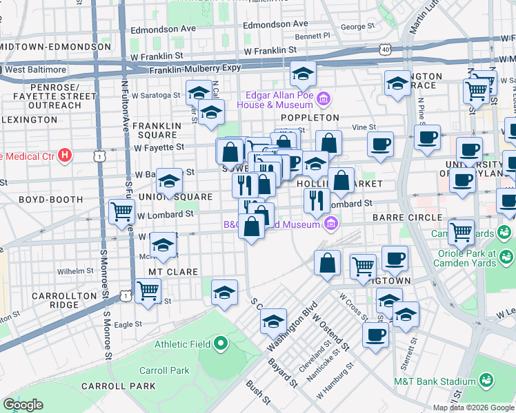 map of restaurants, bars, coffee shops, grocery stores, and more near 1214 West Lombard Street in Baltimore