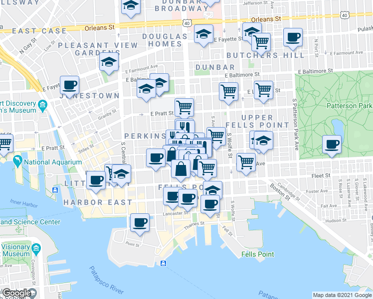 map of restaurants, bars, coffee shops, grocery stores, and more near 328 South Broadway in Baltimore