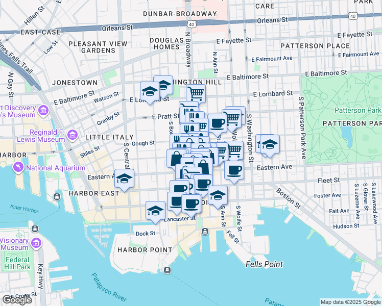 map of restaurants, bars, coffee shops, grocery stores, and more near 328 South Broadway in Baltimore