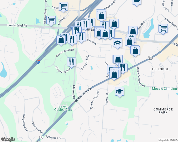 map of restaurants, bars, coffee shops, grocery stores, and more near 11829 Loganfield Court in Cincinnati