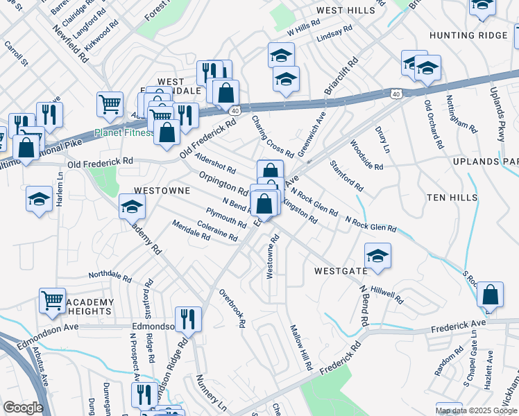 map of restaurants, bars, coffee shops, grocery stores, and more near 5402 Edmondson Avenue in Baltimore