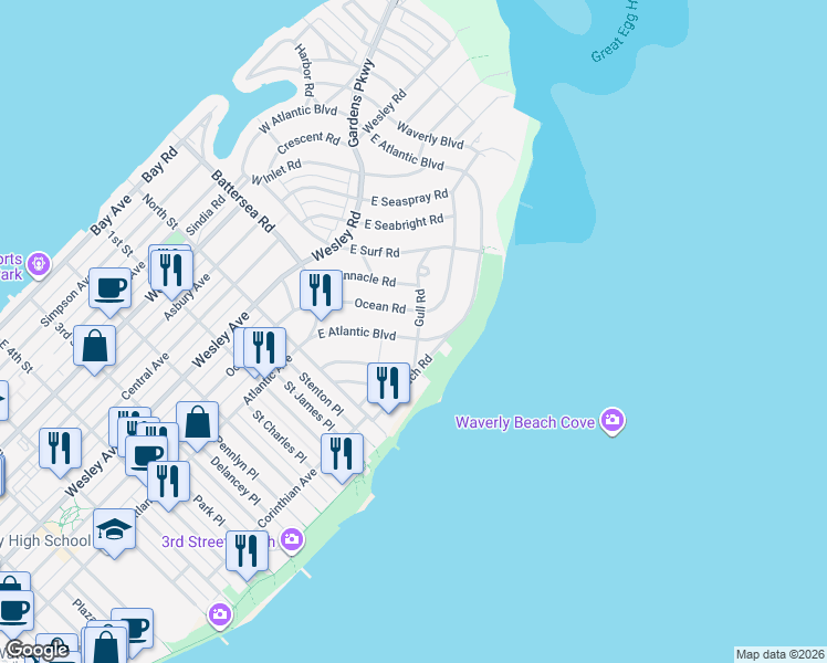 map of restaurants, bars, coffee shops, grocery stores, and more near 300 Gull Road in Ocean City