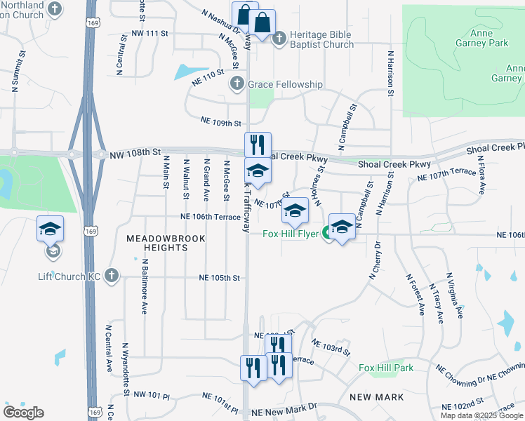 map of restaurants, bars, coffee shops, grocery stores, and more near 10620 North Locust Court in Kansas City