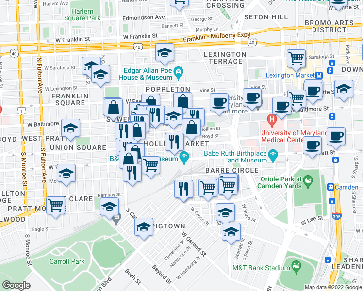 map of restaurants, bars, coffee shops, grocery stores, and more near W Lombard St & S Amity St in Baltimore