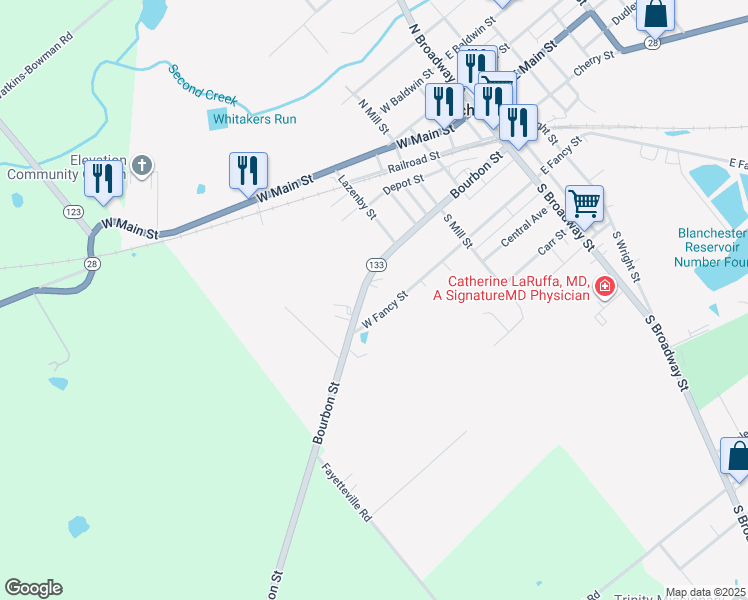 map of restaurants, bars, coffee shops, grocery stores, and more near 278 West Fancy Street in Blanchester